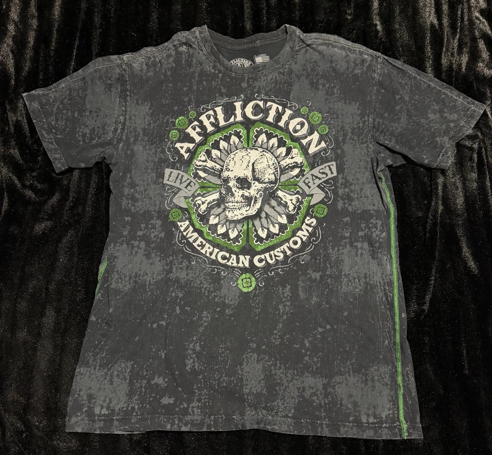 Affliction Mens Y2K Grunge Green Skull Black/Grey T Shirt American Customs XL Unisex T-shirt, Sweatshirt, Hoodie, Long Sleeve Tee - T-Shirt, Sweatshirt, Hoodie