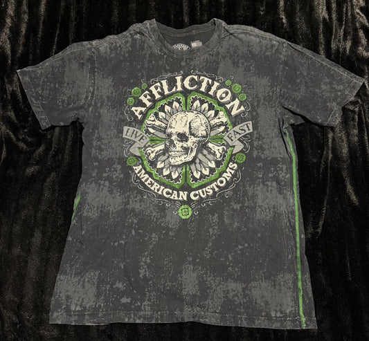 Affliction Mens Y2K Grunge Green Skull Black/Grey T Shirt American Customs XL Unisex T-shirt, Sweatshirt, Hoodie, Long Sleeve Tee - T-Shirt, Sweatshirt, Hoodie