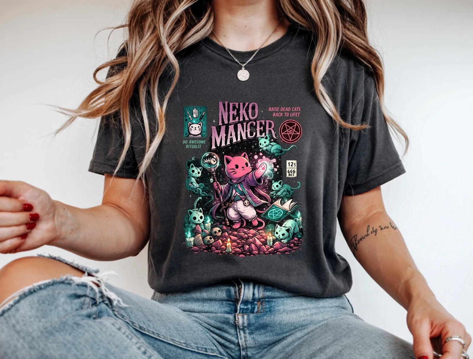 Nekomancer Cat T-Shirt Cute Necromancer Kitty Gothic Halloween Graphic Tee Unisex T-shirt, Sweatshirt, Hoodie, Long Sleeve Tee - T-Shirt, Sweatshirt, Hoodie