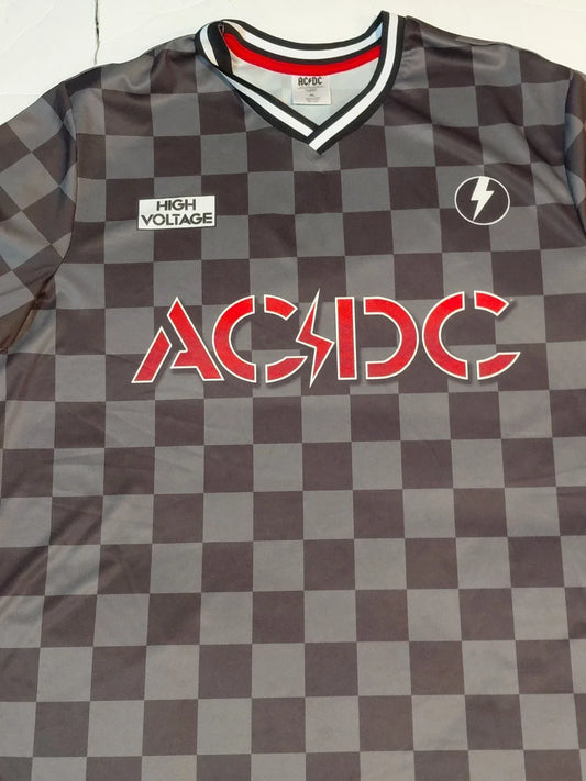 ACDC High Voltage Soccer Style Jersey  Checkered V-neck Size XL Charcoal Black Unisex T-shirt, Sweatshirt, Hoodie, Long Sleeve Tee - T-Shirt, Sweatshirt, Hoodie