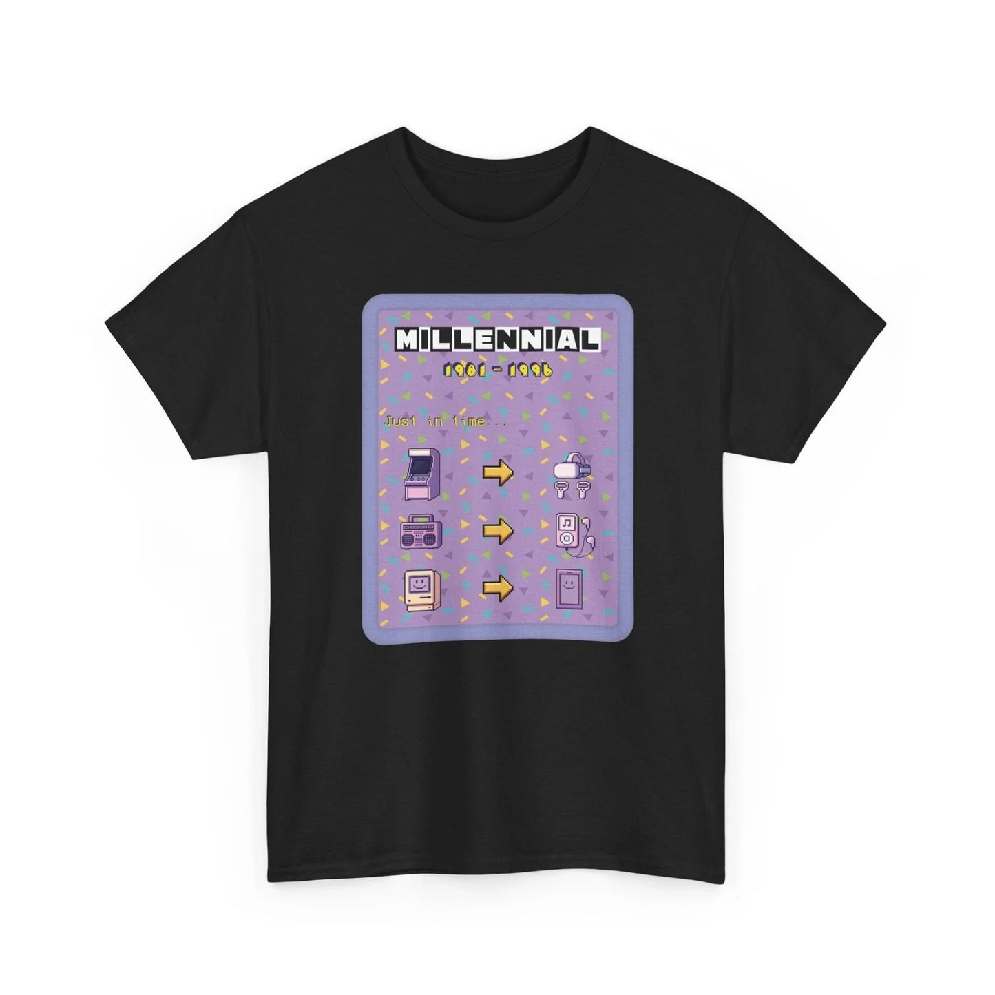 Millennial Tech Evolution Retro Tee - Purple Backdrop / Dark Fabric Unisex T-shirt, Sweatshirt, Hoodie, Long Sleeve Tee - T-Shirt, Sweatshirt, Hoodie