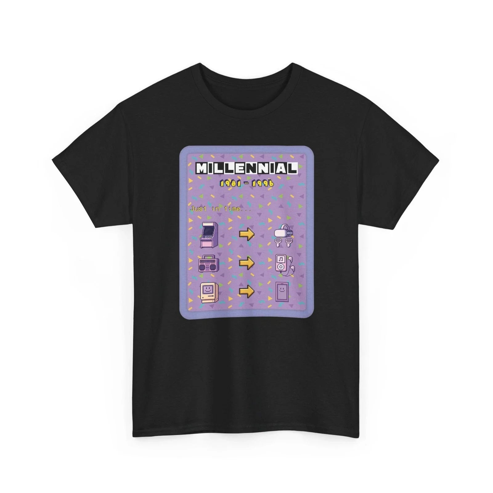 Millennial Tech Evolution Retro Tee - Purple Backdrop / Dark Fabric Unisex T-shirt, Sweatshirt, Hoodie, Long Sleeve Tee - T-Shirt, Sweatshirt, Hoodie