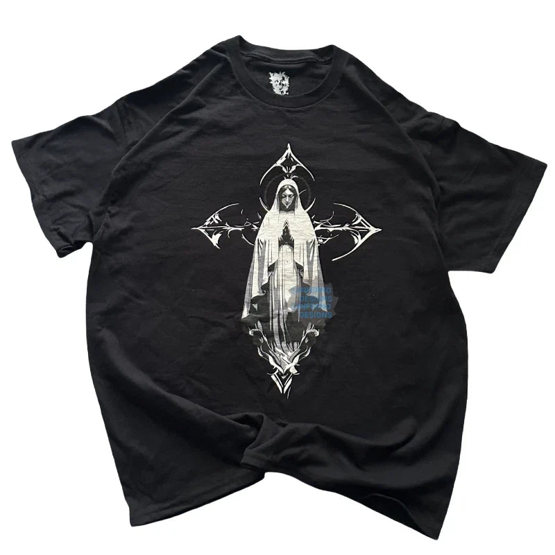 Y2K Grunge Virgin Mary Tshirt, Christian Shirt, Cyber Sigilism, Gothic Cross Tee Unisex T-shirt, Sweatshirt, Hoodie, Long Sleeve Tee - T-Shirt, Sweatshirt, Hoodie