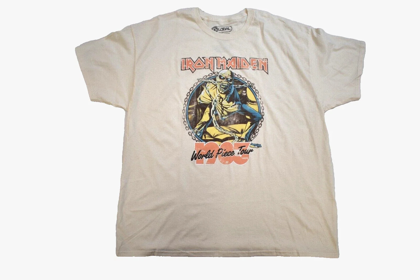 Global Mens Iron Maiden World Piece Tour Retro Graphic Cream Shirt NWT 2XL Unisex T-shirt, Sweatshirt, Hoodie, Long Sleeve Tee - T-Shirt, Sweatshirt, Hoodie