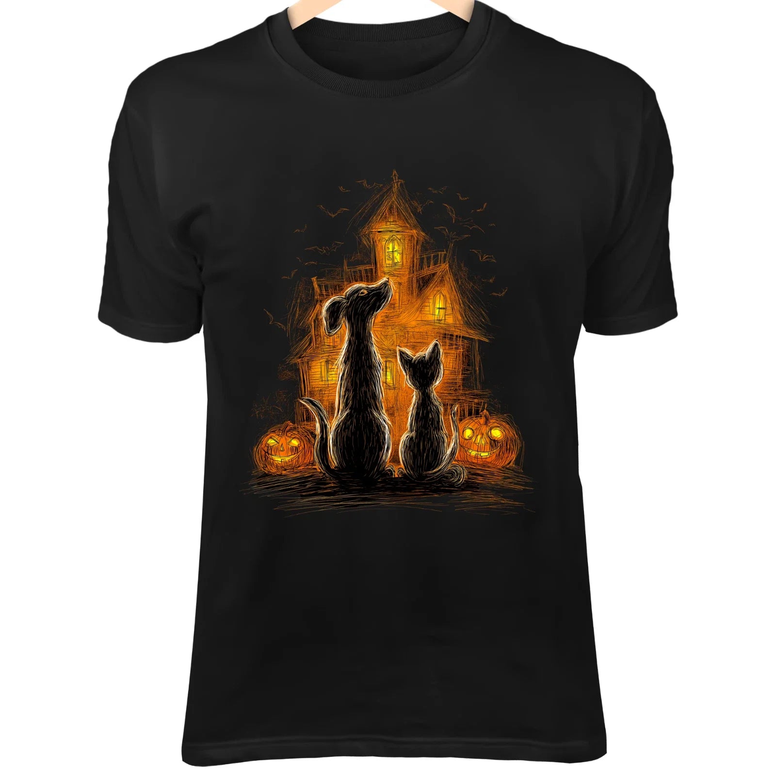 Halloween Dog & Cat Line Art - Cute Minimalist Cartoon Unisex T-shirt, Sweatshirt, Hoodie, Long Sleeve Tee - T-Shirt, Sweatshirt, Hoodie