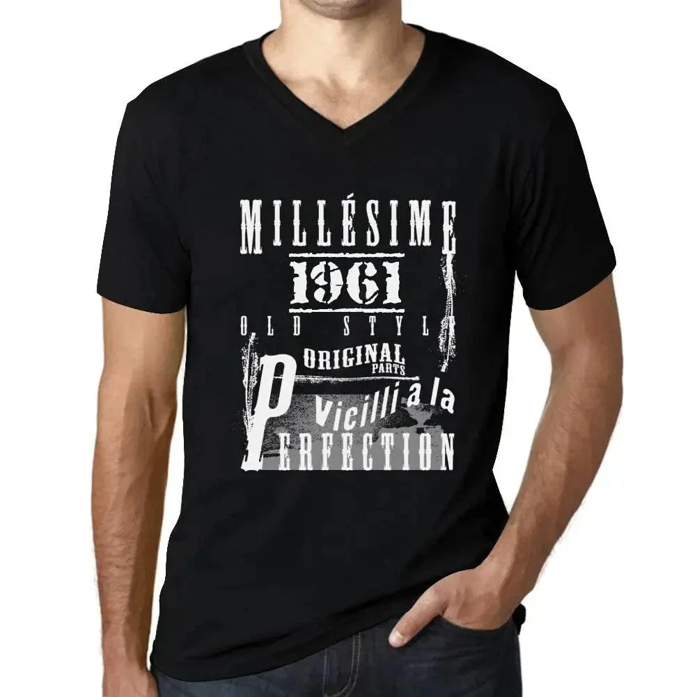 Men's Graphic T-Shirt V Neck Vintage Aged to Perfection 1961  Millsime Vieilli Unisex T-shirt, Sweatshirt, Hoodie, Long Sleeve Tee - T-Shirt, Sweatshirt, Hoodie