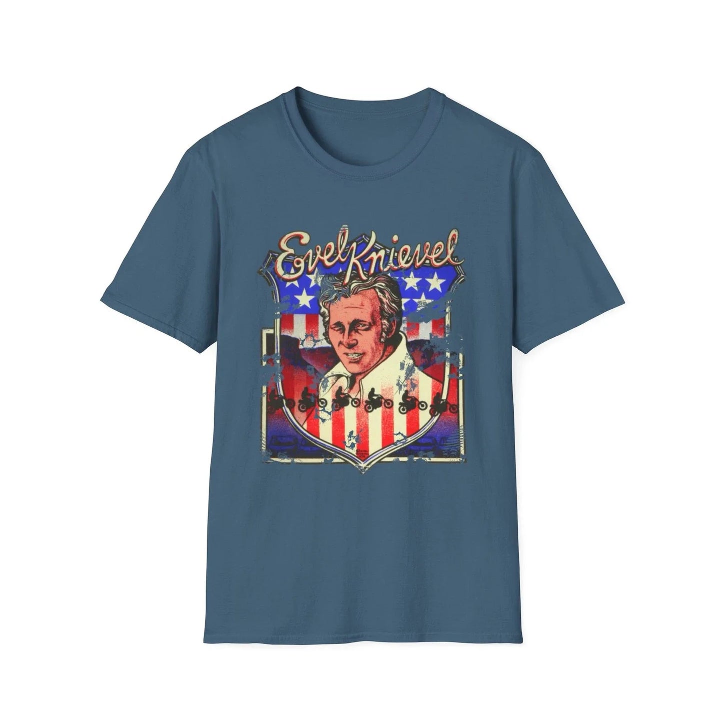 Evil Knievel Portrait T-Shirt | Vintage Stunt Rider American Flag Unisex T-shirt, Sweatshirt, Hoodie, Long Sleeve Tee - T-Shirt, Sweatshirt, Hoodie