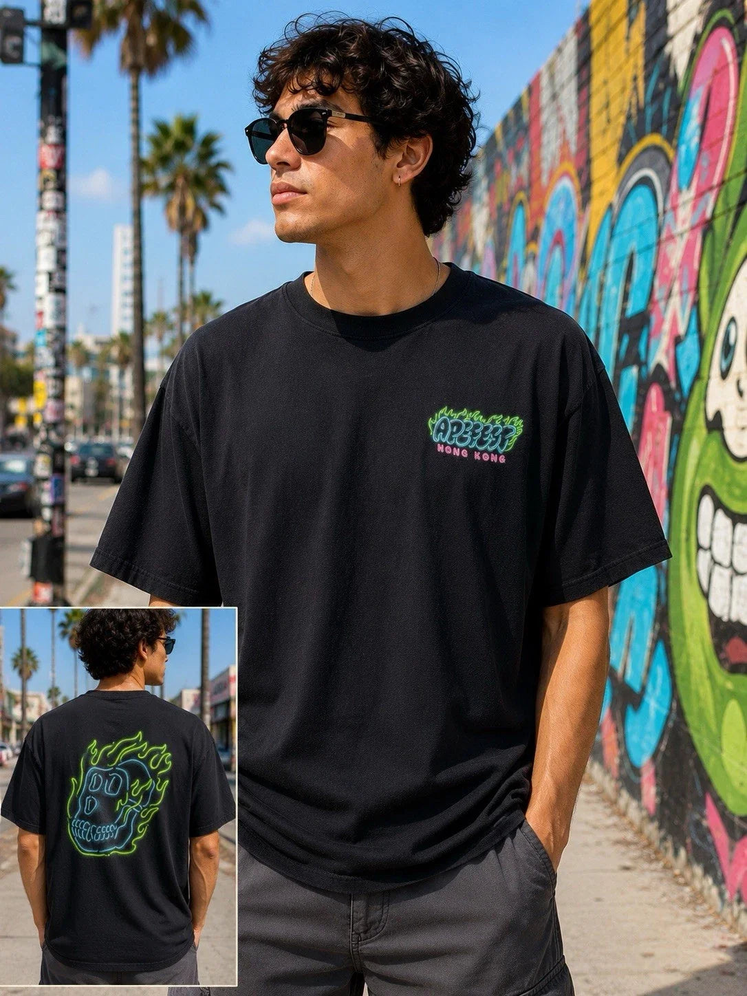 Apefest Hong Kong Neon Skull Graphic T Shirt Black XXL Oversized Streetwear Unisex T-shirt, Sweatshirt, Hoodie, Long Sleeve Tee - T-Shirt, Sweatshirt, Hoodie