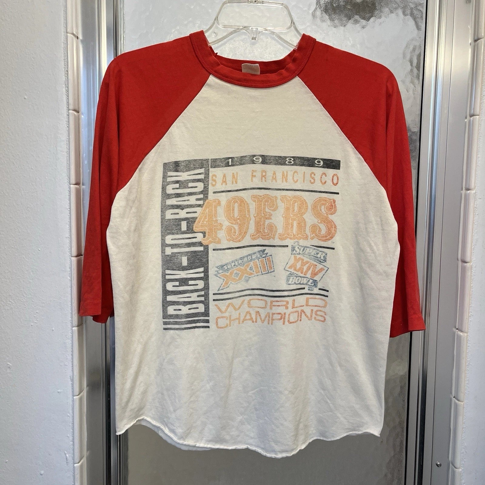 VTG 80s 49ers T-Shirt Back To Back Champions Raglan Sleeve Faded USA Made Sz S Unisex T-shirt, Sweatshirt, Hoodie, Long Sleeve Tee - T-Shirt, Sweatshirt, Hoodie