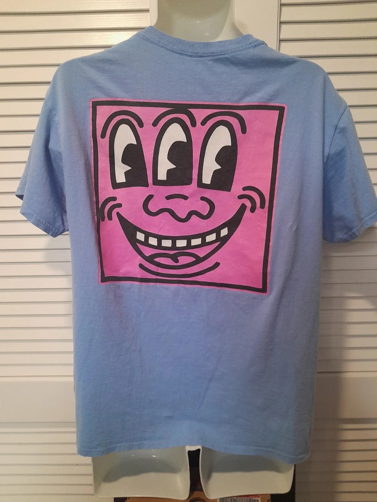 Keith Haring Mens Large Blue Graphic T-Shirt Pink Three Eyes Face Art Streetwear Unisex T-shirt, Sweatshirt, Hoodie, Long Sleeve Tee - T-Shirt, Sweatshirt, Hoodie