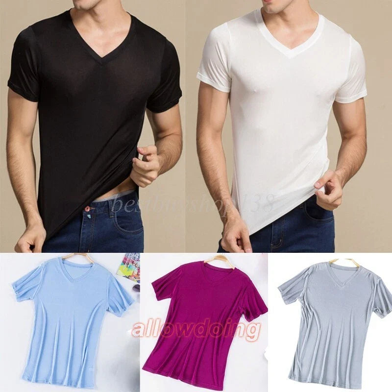 Men 100% Mulberry Silk Knitted V Neck T Shirts Underwear Short Sleeve Tops Shirt Unisex T-shirt, Sweatshirt, Hoodie, Long Sleeve Tee - T-Shirt, Sweatshirt, Hoodie
