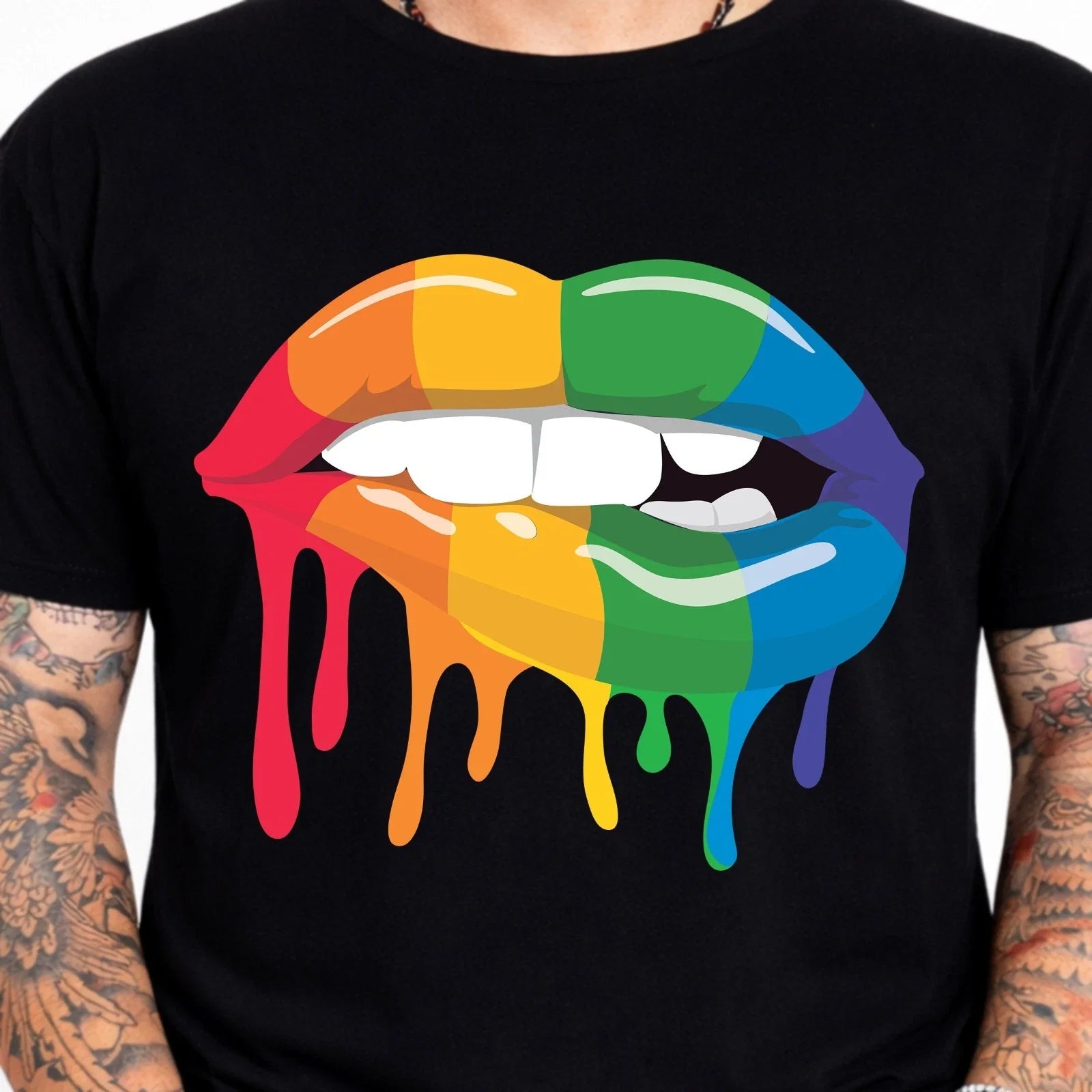 Rainbow Dripping Lips Graphic Tee LGBT Pride Streetwear Pop Art Fashion Shirt. Unisex T-shirt, Sweatshirt, Hoodie, Long Sleeve Tee - T-Shirt, Sweatshirt, Hoodie