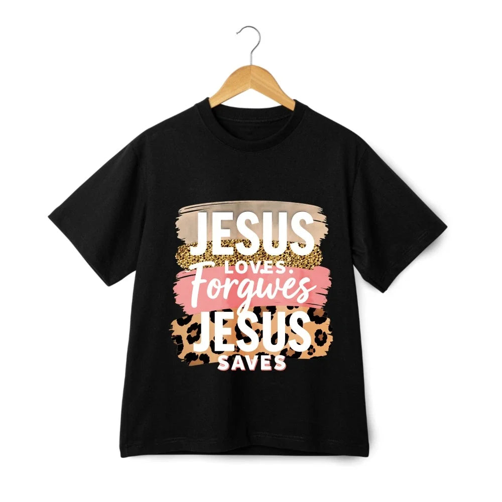 Jesus Loves Forgives Saves Leopard Graphic T-Shirt-Christian Casual Unisex Tee Unisex T-shirt, Sweatshirt, Hoodie, Long Sleeve Tee - T-Shirt, Sweatshirt, Hoodie
