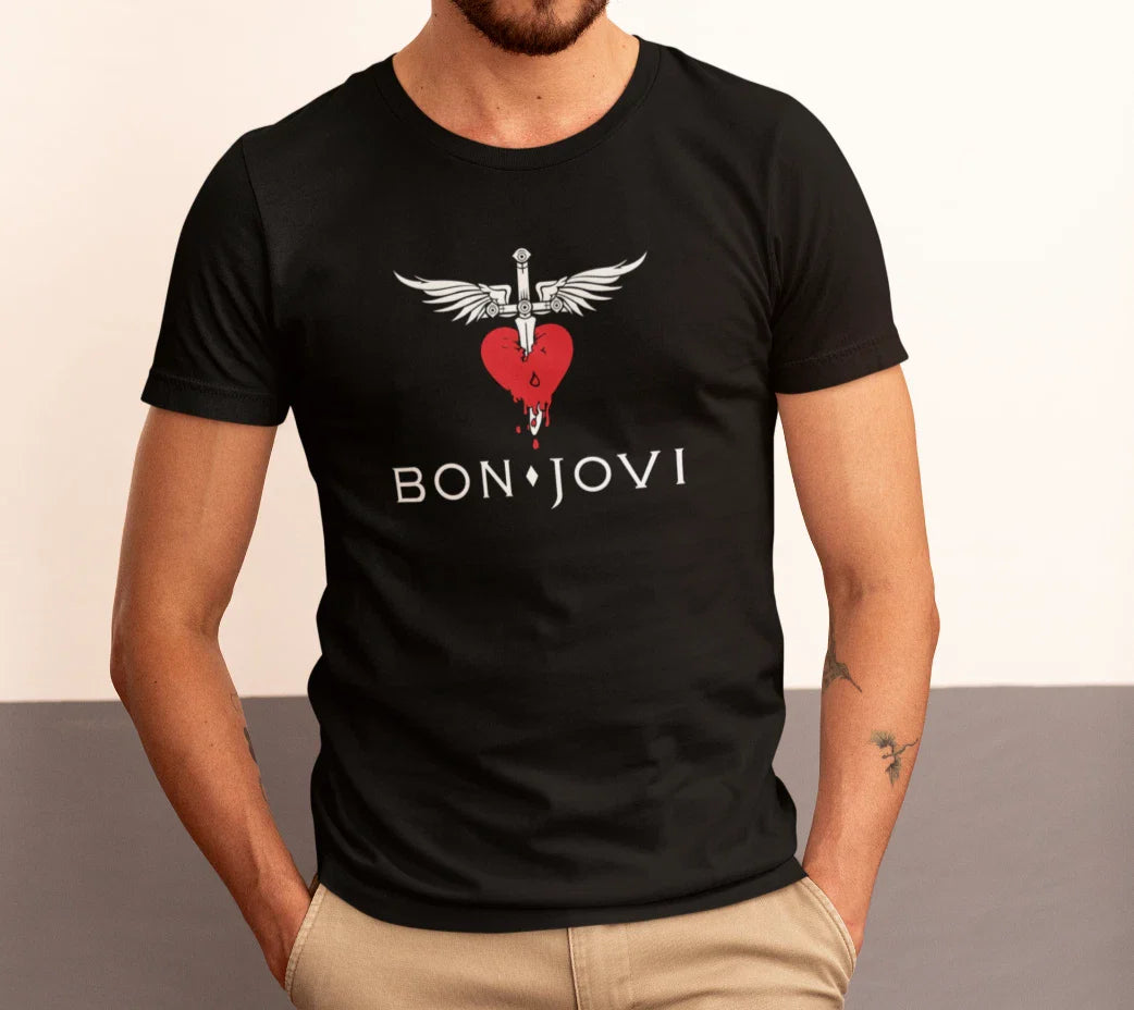 Bon Jovi Red Heart Black T-Shirt I Cotton Short Sleeve I Glam Hard rock gift Unisex T-shirt, Sweatshirt, Hoodie, Long Sleeve Tee - T-Shirt, Sweatshirt, Hoodie