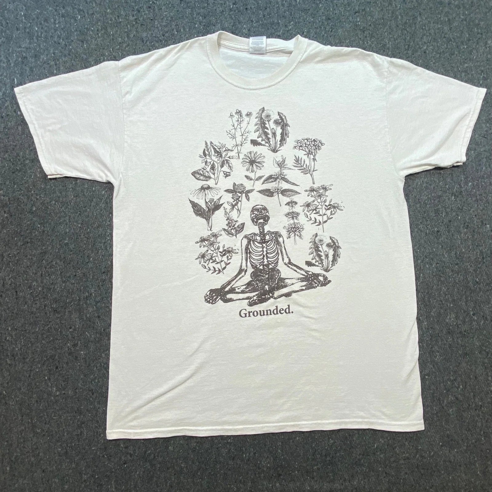 Jerzees Grounded Skeleton Flowers Shirt Sz XLT Mens Cream Boho Grunge Meditating Unisex T-shirt, Sweatshirt, Hoodie, Long Sleeve Tee - T-Shirt, Sweatshirt, Hoodie
