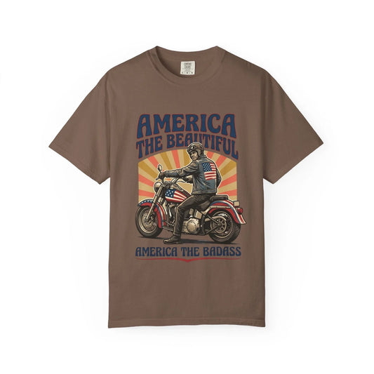 America The Beautiful motorcycle graphic T-shirt | Americana biker design Unisex T-shirt, Sweatshirt, Hoodie, Long Sleeve Tee - T-Shirt, Sweatshirt, Hoodie