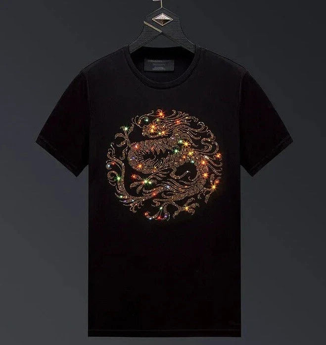 New Men Luxury Diamond Dragon Rhinestones Fashion Black T-Shirt High Quality Unisex T-shirt, Sweatshirt, Hoodie, Long Sleeve Tee - T-Shirt, Sweatshirt, Hoodie