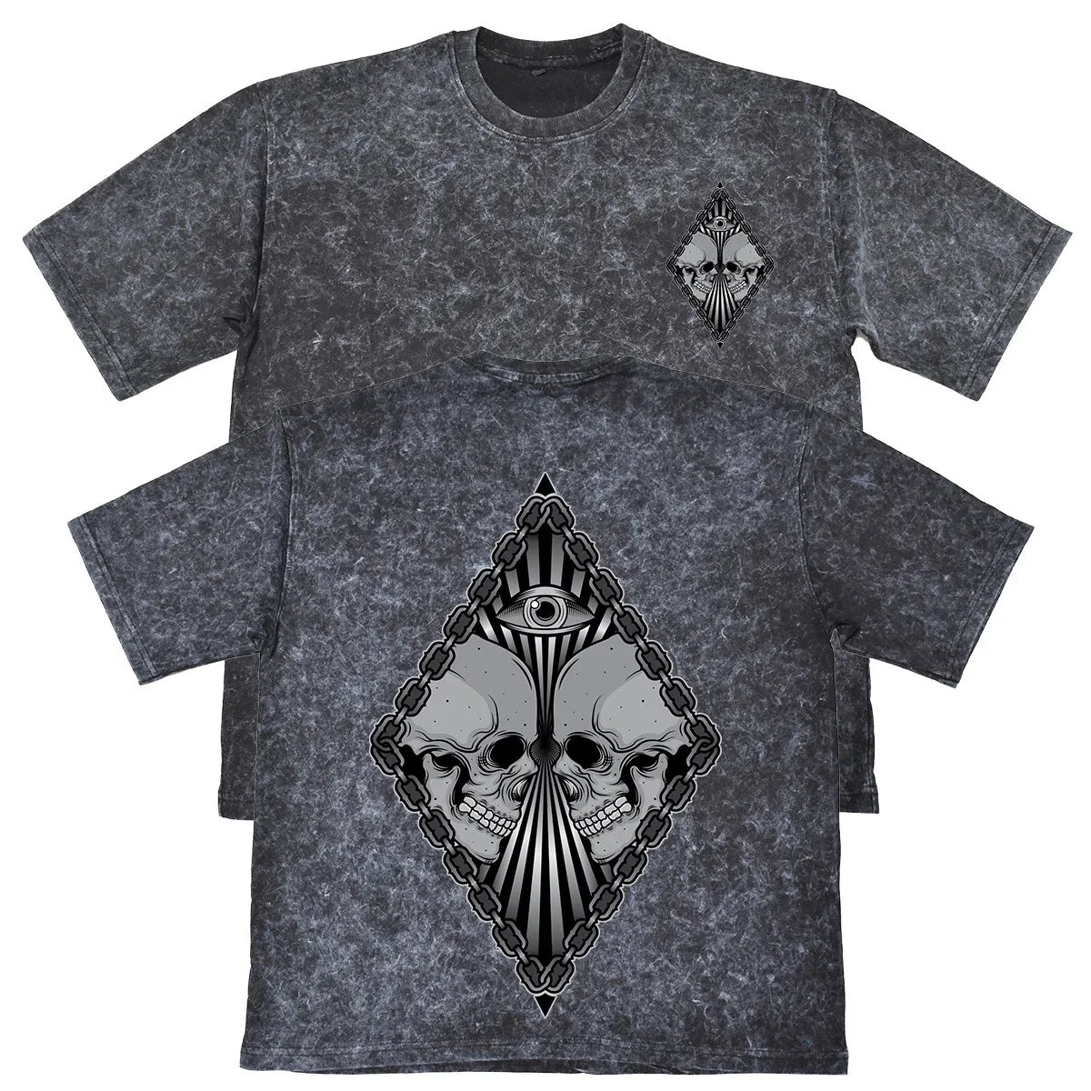 Twin Skulls Eye Unisex Mens Carbon Grey 240gsm French Terry Acid Wash T-Shirt Unisex T-shirt, Sweatshirt, Hoodie, Long Sleeve Tee - T-Shirt, Sweatshirt, Hoodie