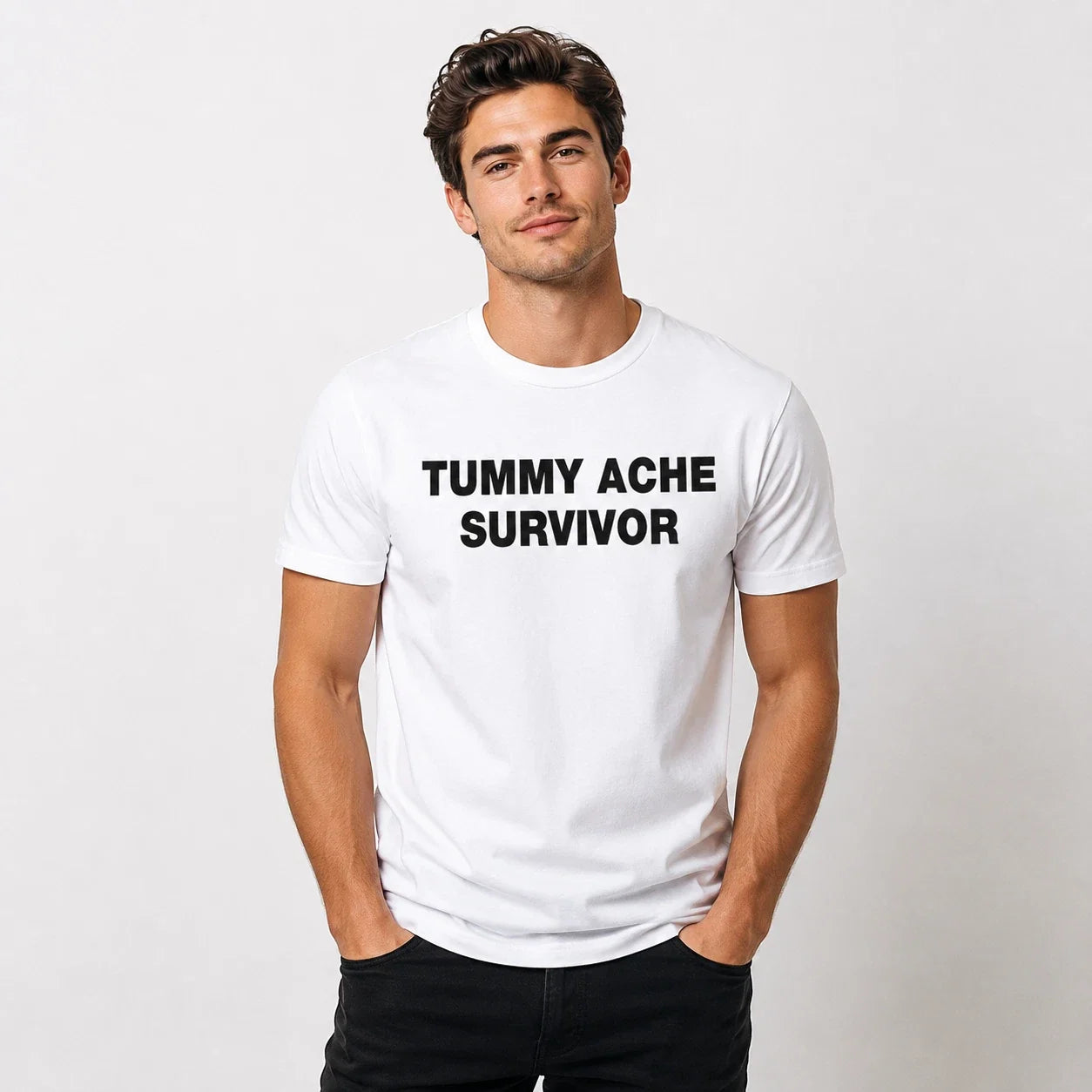 Tummy Ache Survivor T-Shirt Funny Boyfriend Husband Graphic White Tee Cotton Men Unisex T-shirt, Sweatshirt, Hoodie, Long Sleeve Tee - T-Shirt, Sweatshirt, Hoodie