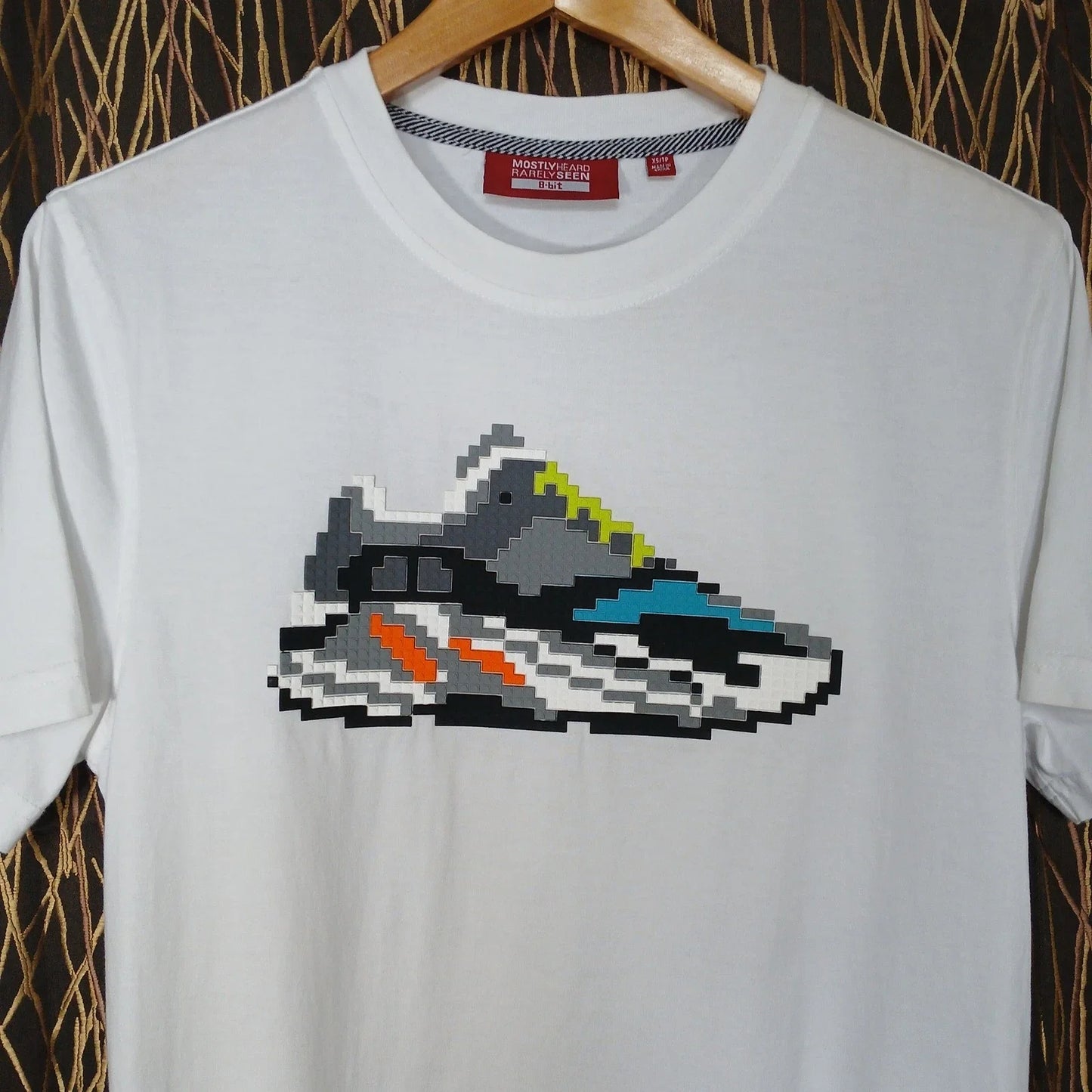 Mostly Heard Rarely Seen 8-Bit T-Shirt Mens XS White Pixel Sneaker Graphic Unisex T-shirt, Sweatshirt, Hoodie, Long Sleeve Tee - T-Shirt, Sweatshirt, Hoodie