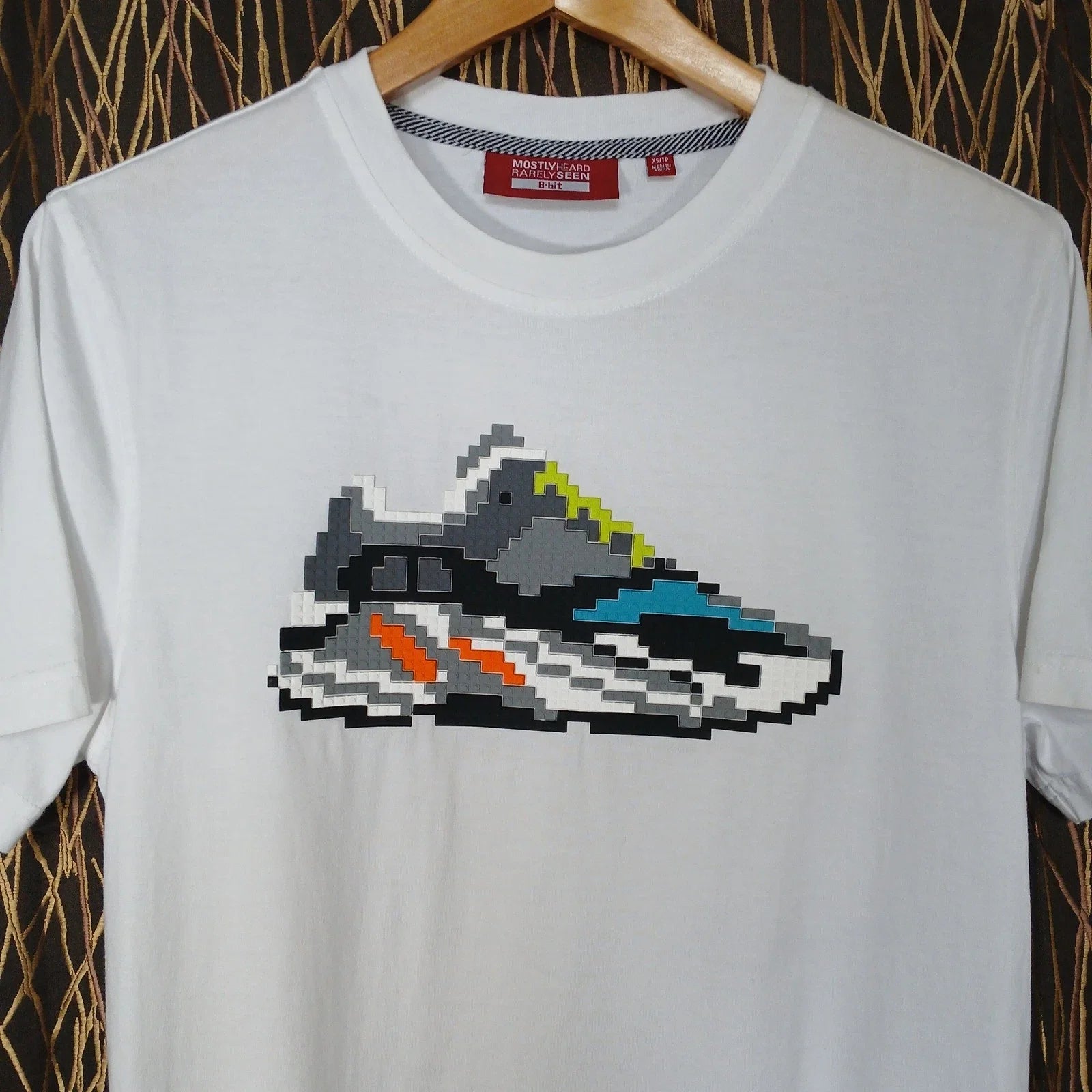 Mostly Heard Rarely Seen 8-Bit T-Shirt Mens XS White Pixel Sneaker Graphic Unisex T-shirt, Sweatshirt, Hoodie, Long Sleeve Tee - T-Shirt, Sweatshirt, Hoodie