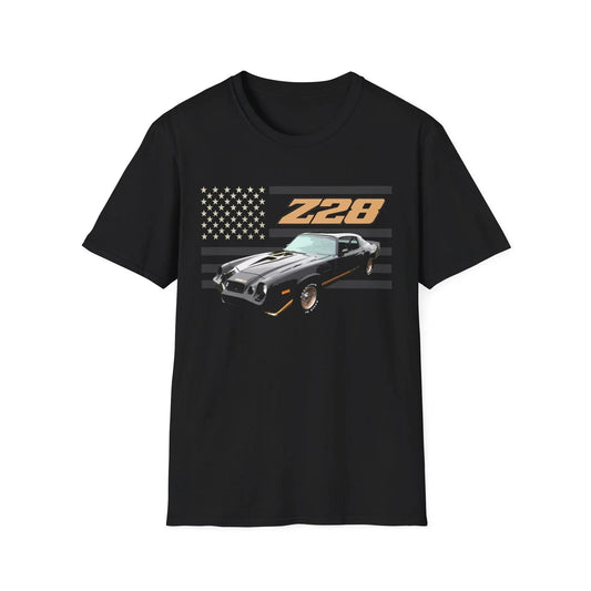 1979 Camaro Z28 Shirt | Black & Gold Classic Muscle Car | Retro USA Flag Tee Unisex T-shirt, Sweatshirt, Hoodie, Long Sleeve Tee - T-Shirt, Sweatshirt, Hoodie