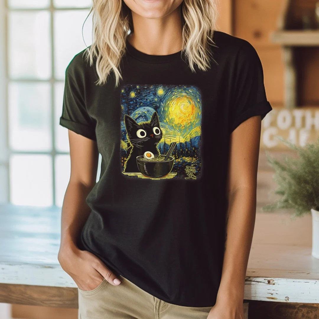 Kawaii Cat Ramen Starry Night Van Gogh Retro Japanese Anime T-Shirt Unisex T-shirt, Sweatshirt, Hoodie, Long Sleeve Tee - T-Shirt, Sweatshirt, Hoodie