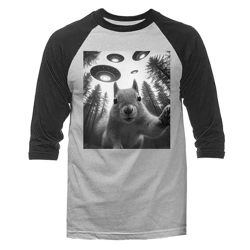Squirrel Selfie with UFO Funny Humorous 3/4 Sleeve Raglan Unisex T-shirt, Sweatshirt, Hoodie, Long Sleeve Tee - T-Shirt, Sweatshirt, Hoodie