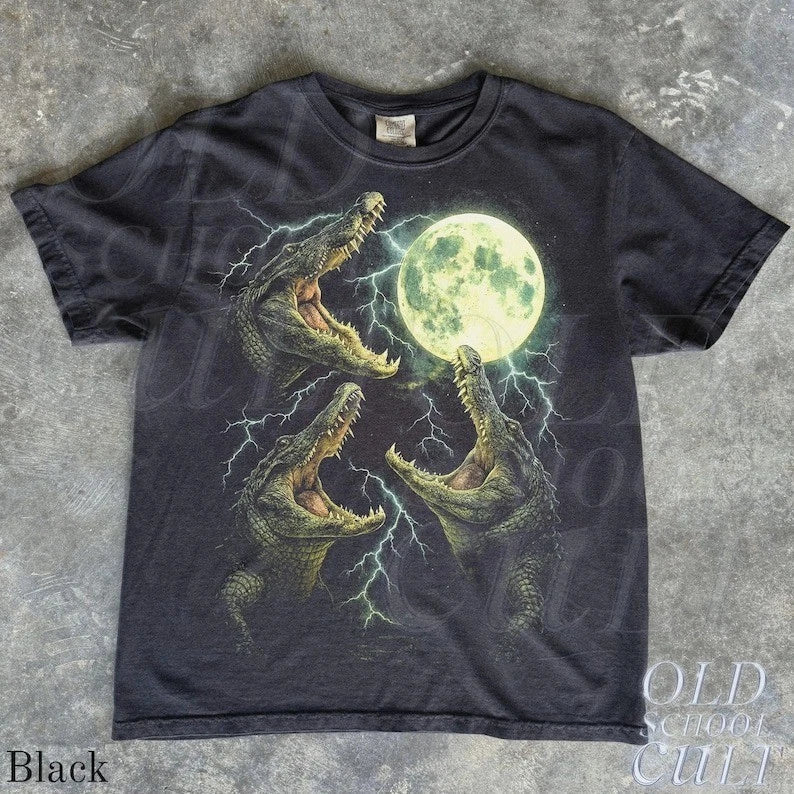 Vintage Alligator Lightnings 90s Graphic T-Shirt, Retro Gator Swamp Moon Shirt Unisex T-shirt, Sweatshirt, Hoodie, Long Sleeve Tee - T-Shirt, Sweatshirt, Hoodie