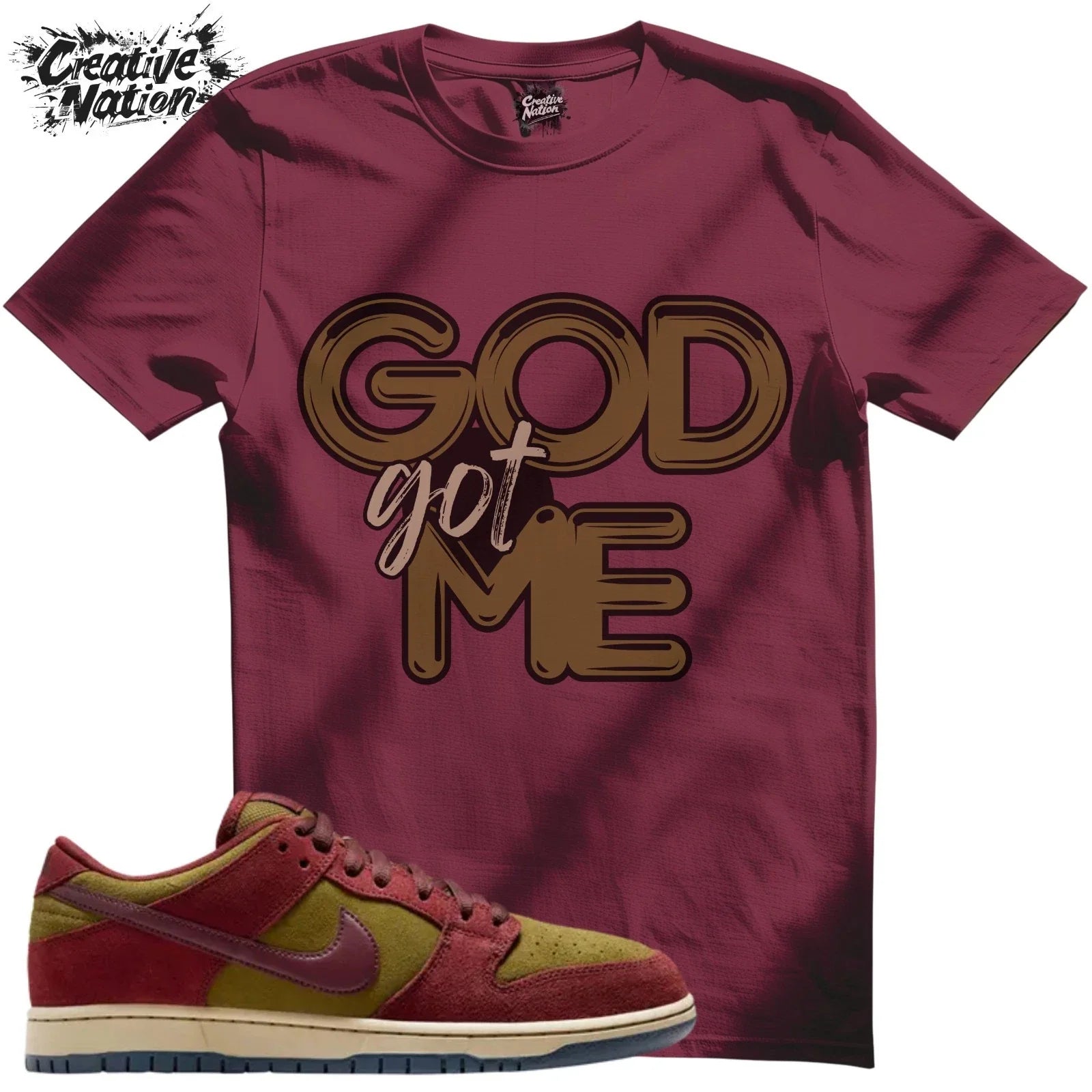 Shirt To Match SB Dunk Low Dark Team Red Olive Flak Unisex Tee GOD Got Me Shirt Unisex T-shirt, Sweatshirt, Hoodie, Long Sleeve Tee - T-Shirt, Sweatshirt, Hoodie