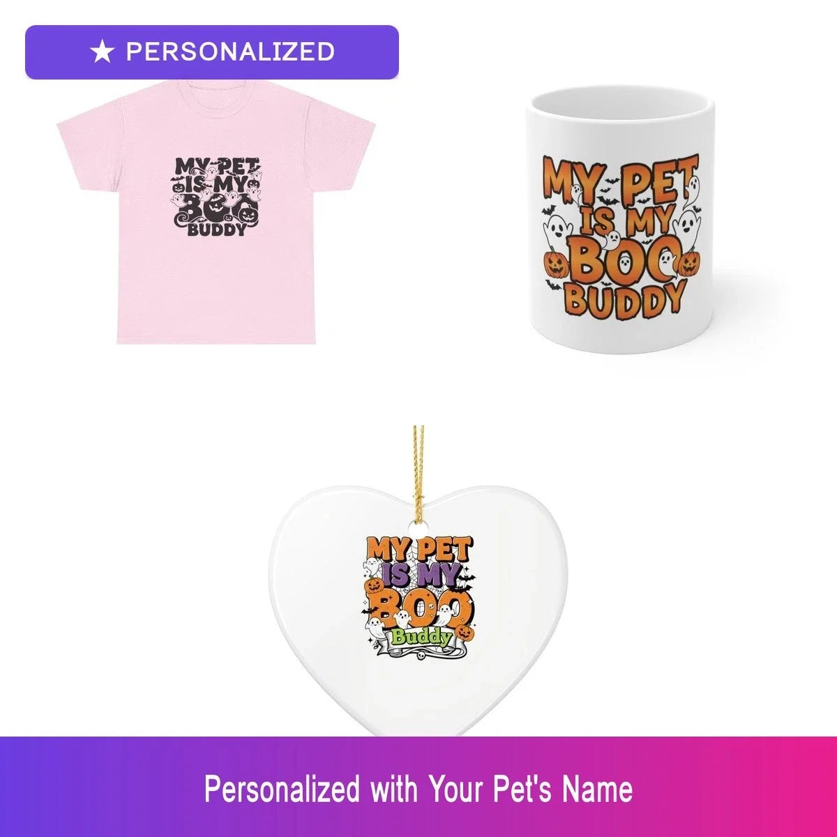 Custom Pet Halloween Gift Set Shirt Mug Ornament Personalized Name Bundle Unisex T-shirt, Sweatshirt, Hoodie, Long Sleeve Tee - T-Shirt, Sweatshirt, Hoodie
