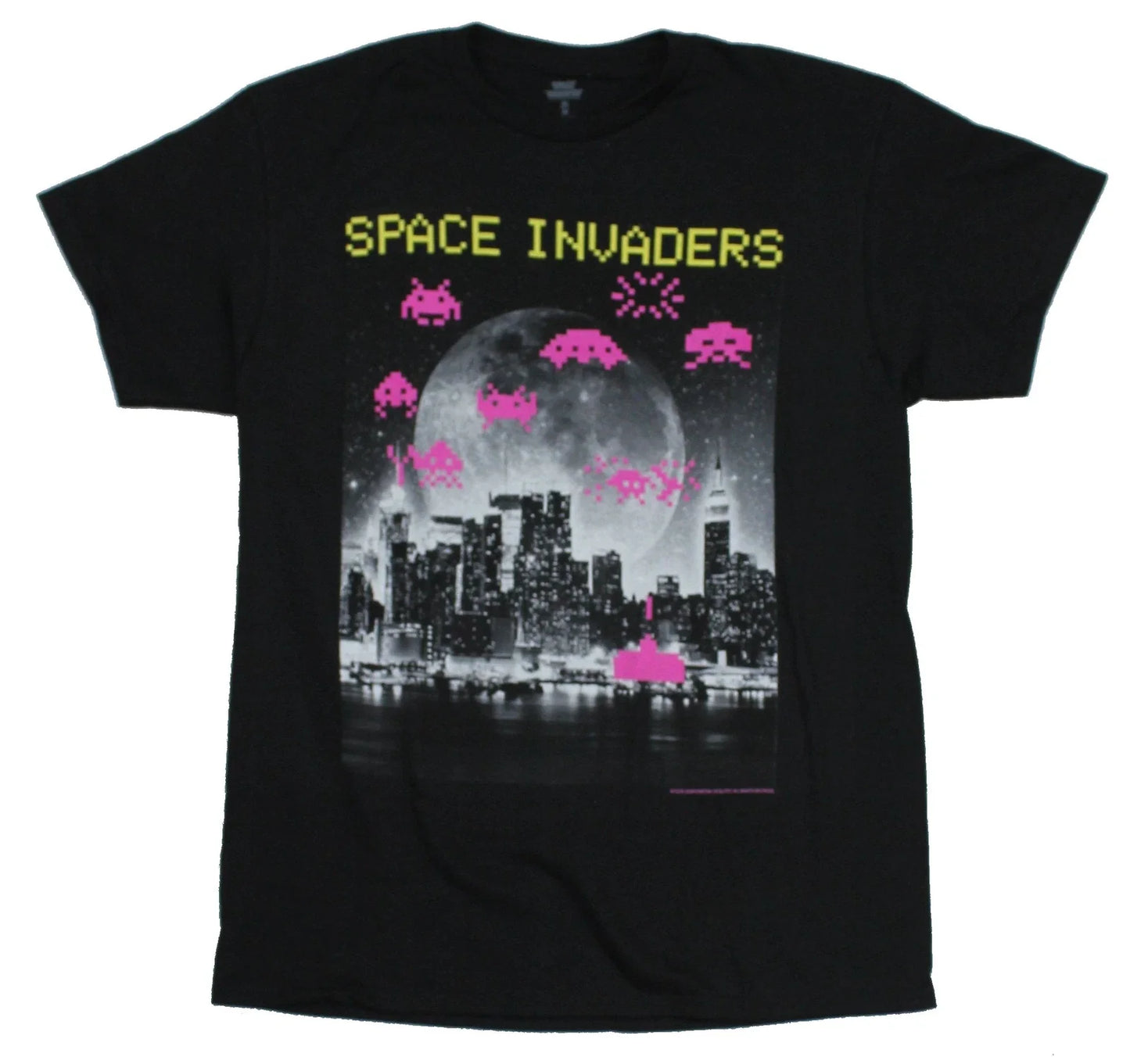 Space Invaders Adult New T-Shirt -  Full City Scape Moon Pic Unisex T-shirt, Sweatshirt, Hoodie, Long Sleeve Tee - T-Shirt, Sweatshirt, Hoodie