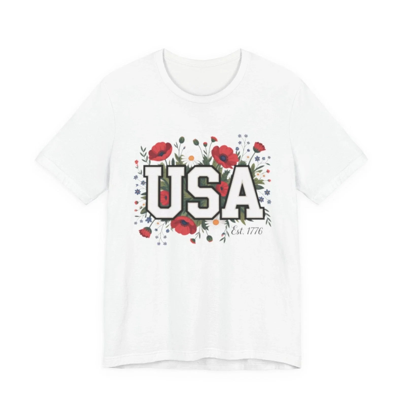 USA Floral Fourth of July Graphic Tee | Patriotic Poppy Design Unisex T-shirt, Sweatshirt, Hoodie, Long Sleeve Tee - T-Shirt, Sweatshirt, Hoodie