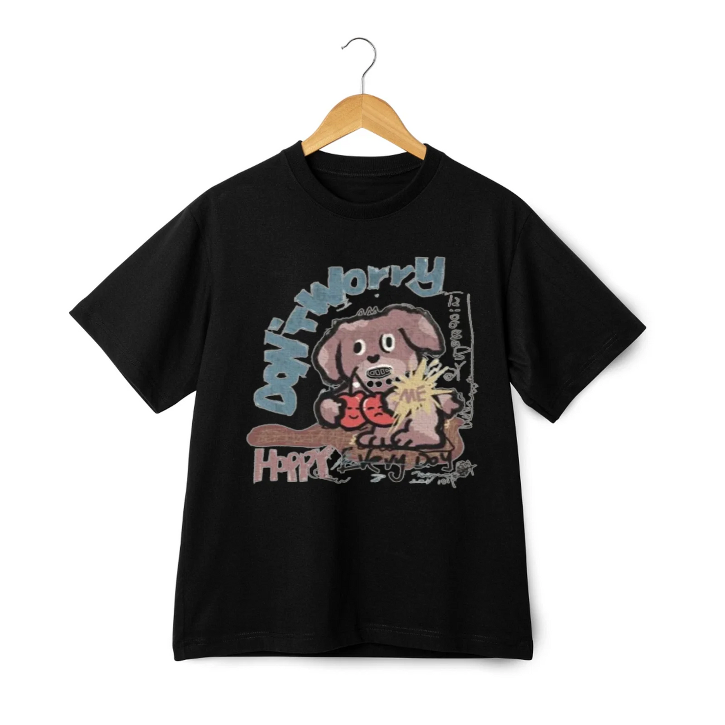 Don't Worry Happy Every Day Graphic T-shirt Cute Cartoon Puppy Lovers, Dogs Tee Unisex T-shirt, Sweatshirt, Hoodie, Long Sleeve Tee - T-Shirt, Sweatshirt, Hoodie