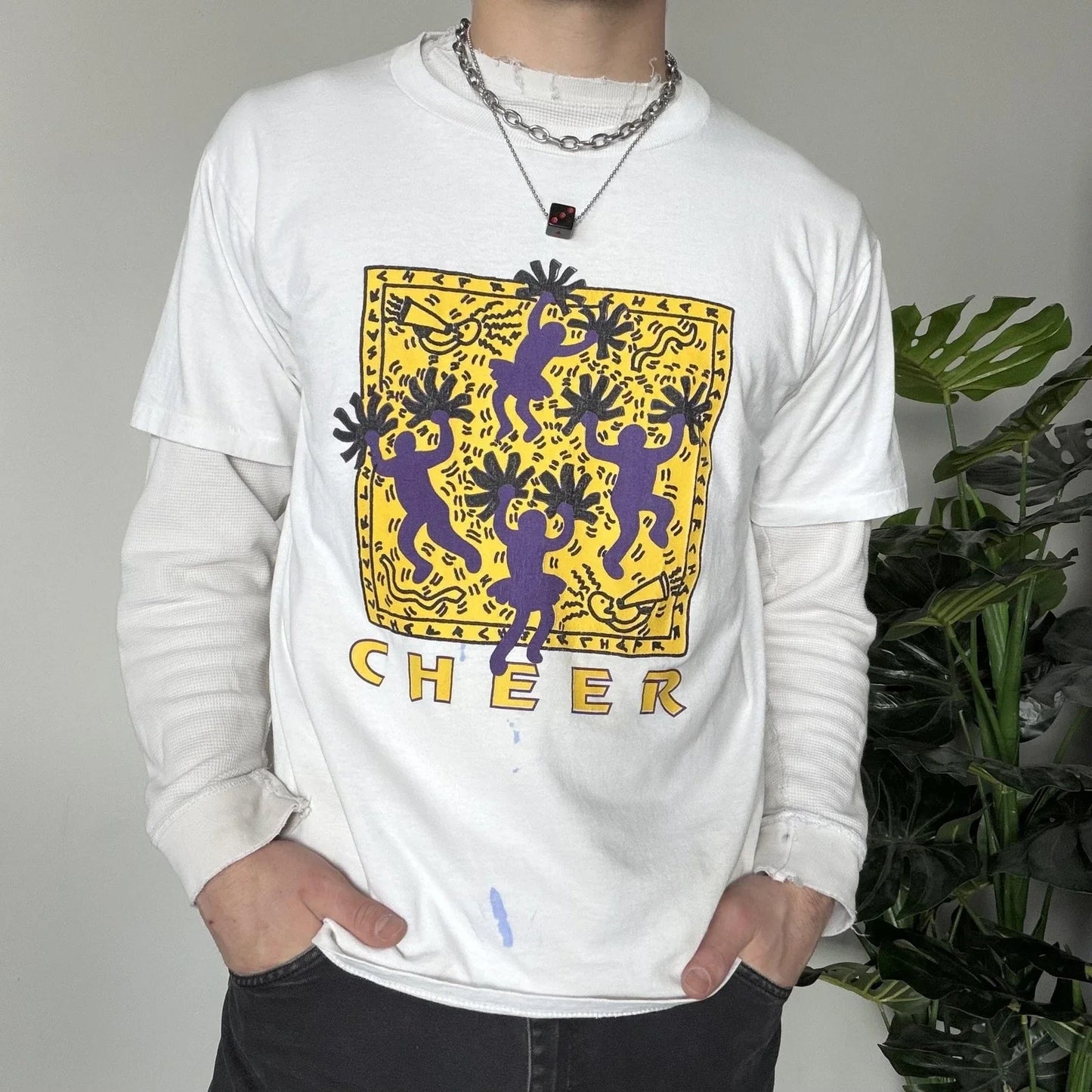 Vintage Keith Haring Style Cheer Shirt Large White Pom Pom Graphic Tee 90s USA Unisex T-shirt, Sweatshirt, Hoodie, Long Sleeve Tee - T-Shirt, Sweatshirt, Hoodie