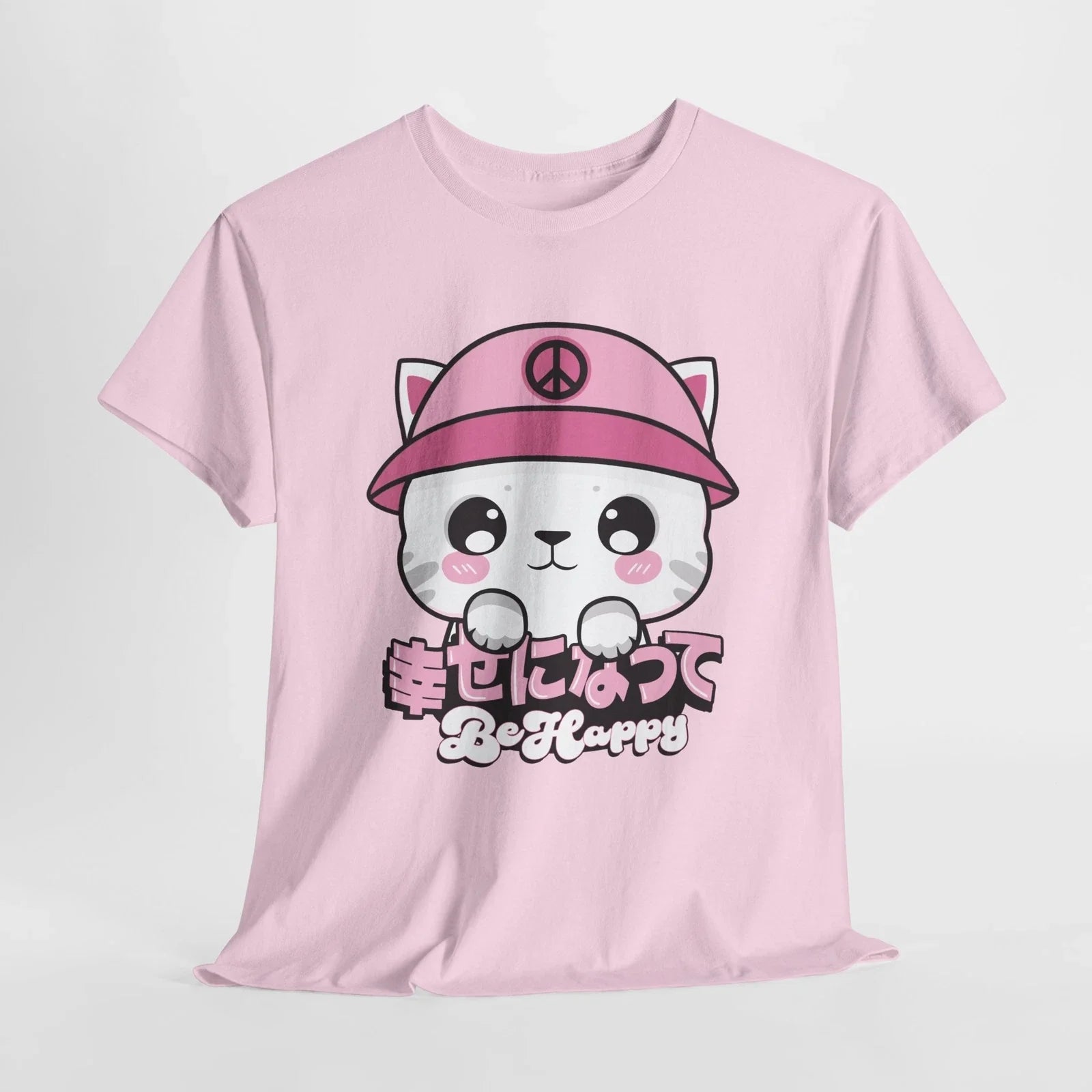 Cute Kawaii Cat Be Happy T-Shirt, Peace and Love, 5 Colors, Fun Cat Lover Gift Unisex T-shirt, Sweatshirt, Hoodie, Long Sleeve Tee - T-Shirt, Sweatshirt, Hoodie
