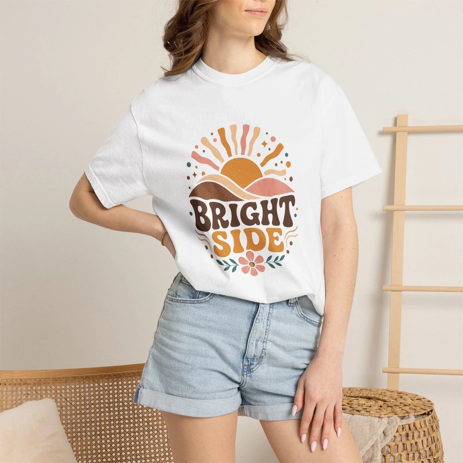Womens Bright Side Comfort Colors Tee Retro Boho Sun Floral Garment Dyed S-4XL Unisex T-shirt, Sweatshirt, Hoodie, Long Sleeve Tee - T-Shirt, Sweatshirt, Hoodie