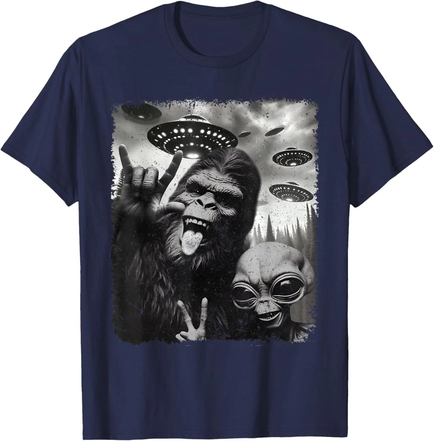 Funny Bigfoot & Alien Sasquatch Rock On Hand Sign UFO Selfie Unisex T-Shirt Unisex T-shirt, Sweatshirt, Hoodie, Long Sleeve Tee - T-Shirt, Sweatshirt, Hoodie