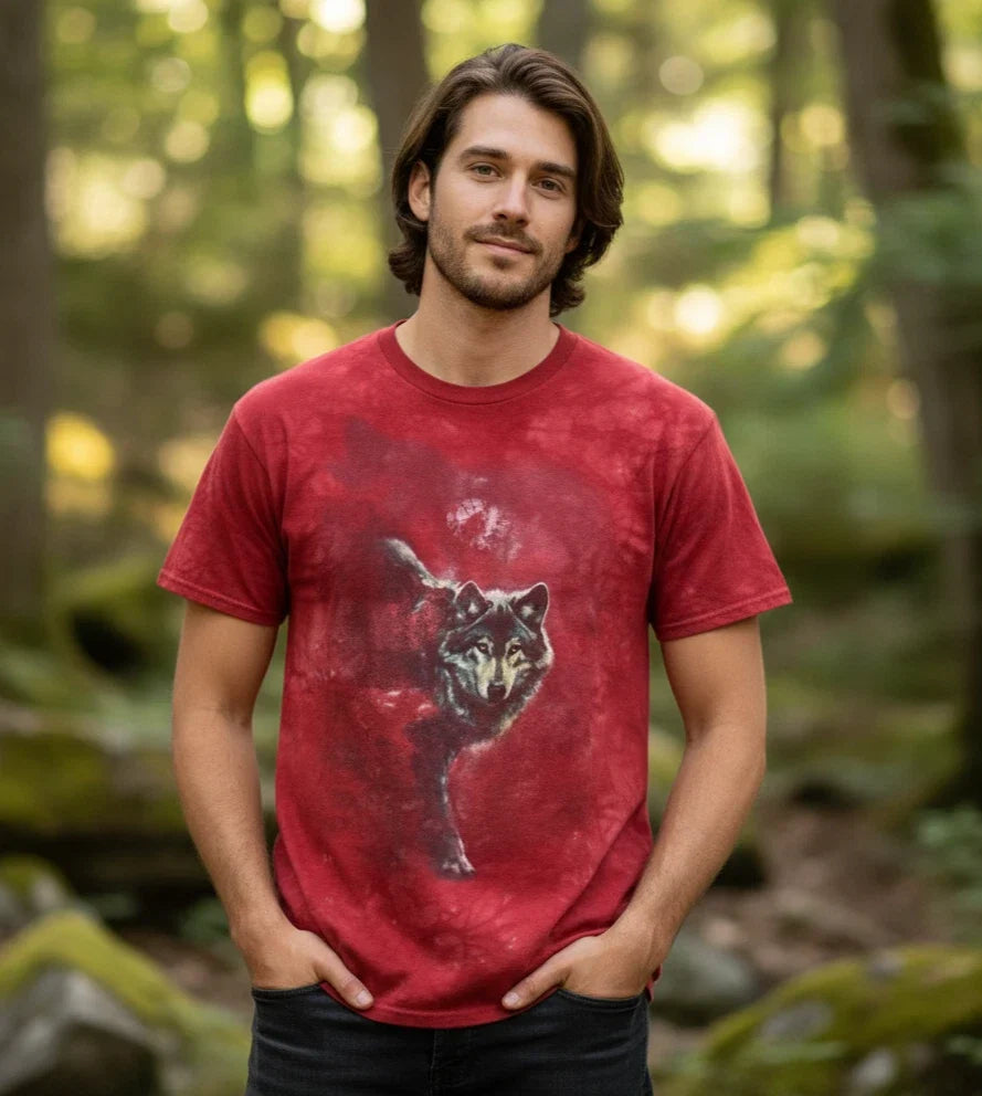 The Mountain Red Tie-Dye Wolf Tee Mens M Red Wildlife Mystic Grunge Streetwear Unisex T-shirt, Sweatshirt, Hoodie, Long Sleeve Tee - T-Shirt, Sweatshirt, Hoodie