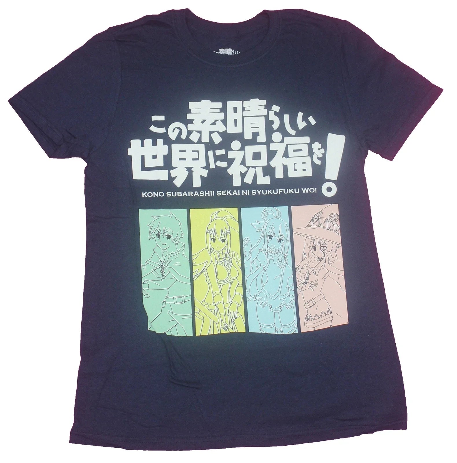 Konosuba Adult New T-Shirt- 4 Pastel Girls Under Kanji Logo Pic Unisex T-shirt, Sweatshirt, Hoodie, Long Sleeve Tee - T-Shirt, Sweatshirt, Hoodie
