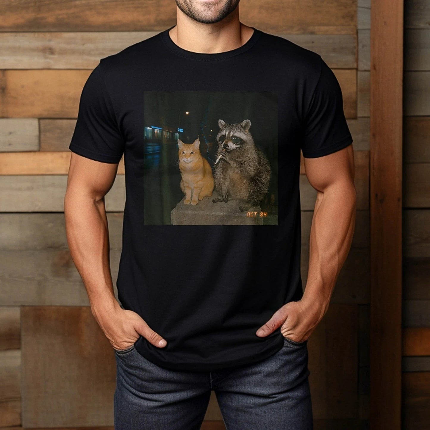 Vintage Raccoon Cat Smoking Aesthetic Night Photo 90S Vibe T-Shirt Unisex T-shirt, Sweatshirt, Hoodie, Long Sleeve Tee - T-Shirt, Sweatshirt, Hoodie