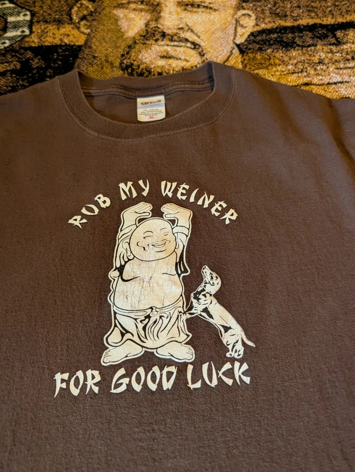 VINTAGE Y2K NSFW Weiner Dog Humor T Shirt XL Rub My Weiner For Good Luck BUDDHA Unisex T-shirt, Sweatshirt, Hoodie, Long Sleeve Tee - T-Shirt, Sweatshirt, Hoodie