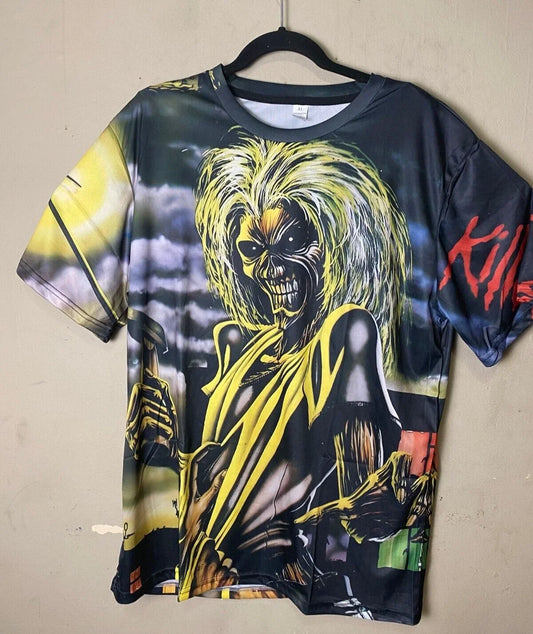 80's Heavy Metal "Killers" Skeleton Double Sided Graphic Polyester Tee SZ XL Unisex T-shirt, Sweatshirt, Hoodie, Long Sleeve Tee - T-Shirt, Sweatshirt, Hoodie