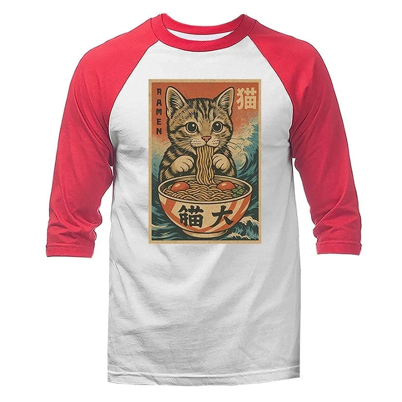 Cat Ramen Noodle Japanese Anime Manga Kawaii Cat Humorous 3/4 Sleeve Raglan Unisex T-shirt, Sweatshirt, Hoodie, Long Sleeve Tee - T-Shirt, Sweatshirt, Hoodie