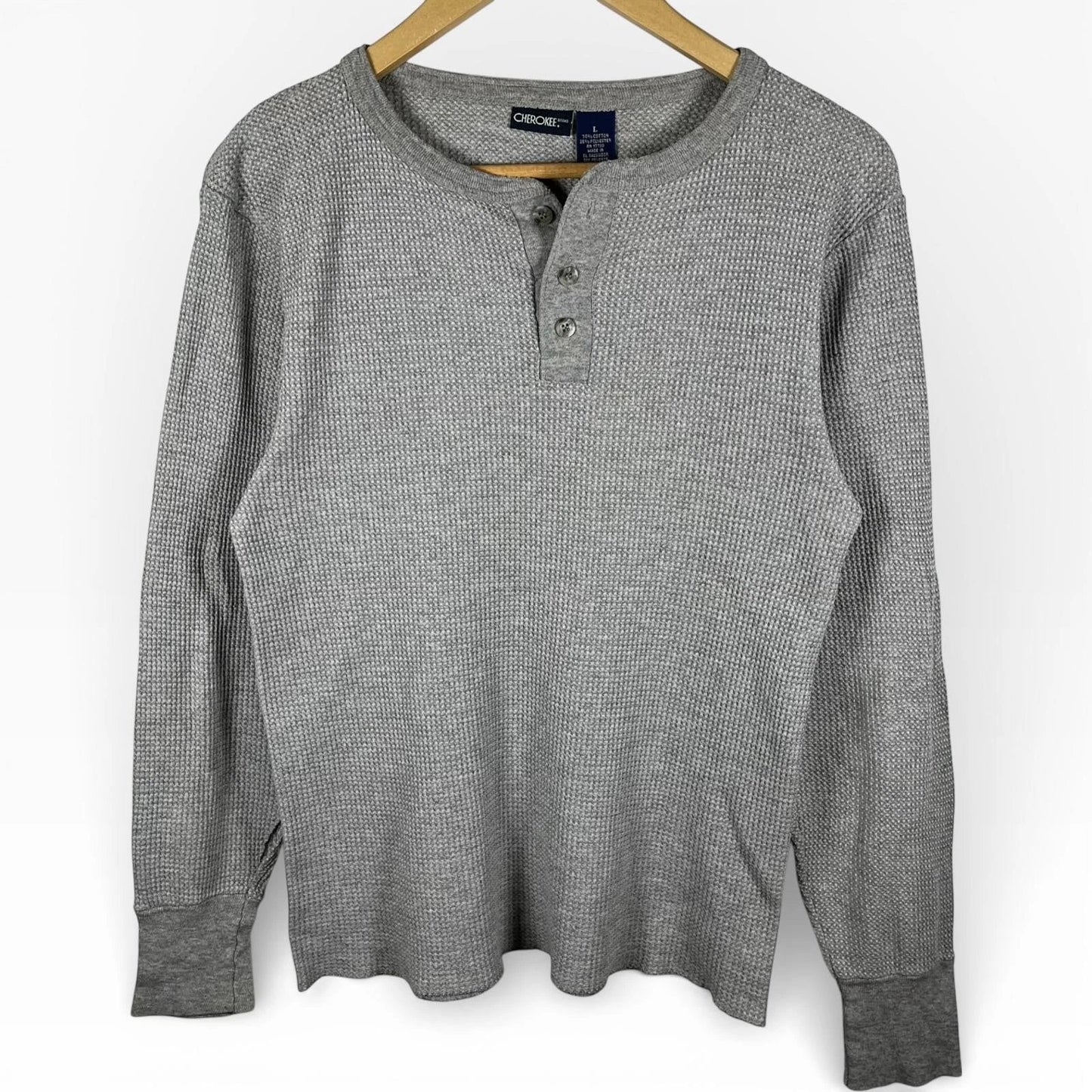 Y2K Thermal Waffle Knit Henley Top Cherokee Grey Skater Layering Mens Large Unisex T-shirt, Sweatshirt, Hoodie, Long Sleeve Tee - T-Shirt, Sweatshirt, Hoodie