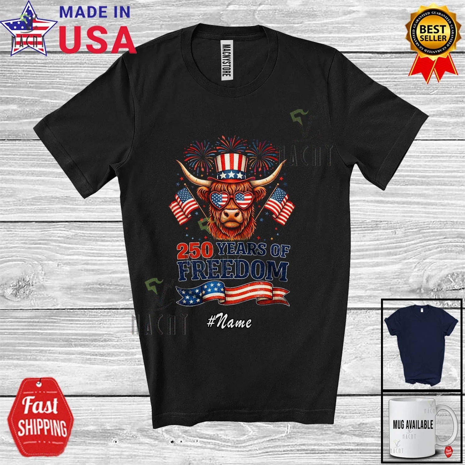 Custom Name 250 Years Freedom; 4th Of July Highland Cow Heifer Patriotic T-Shirt Unisex T-shirt, Sweatshirt, Hoodie, Long Sleeve Tee - T-Shirt, Sweatshirt, Hoodie