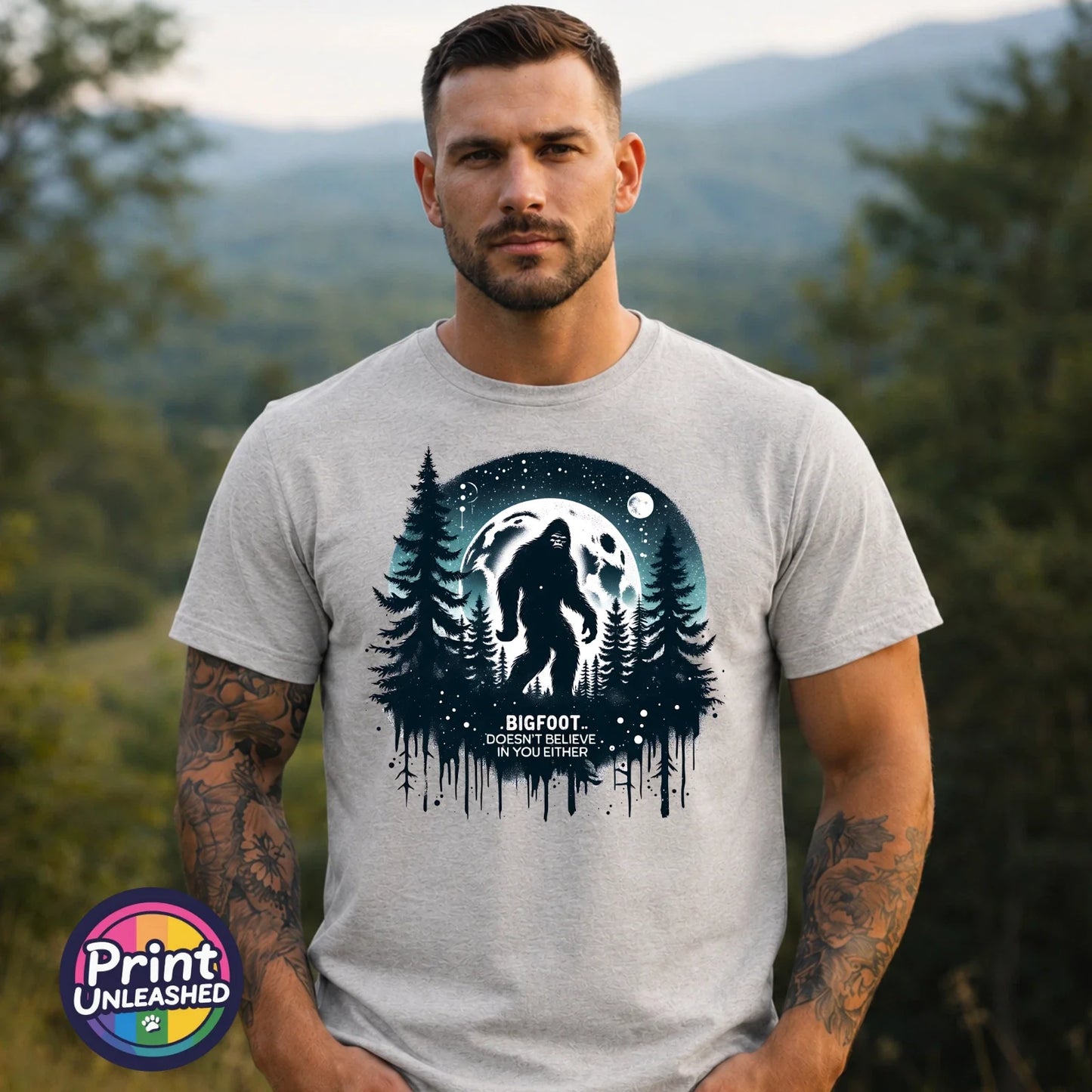 Bigfoot Doesn't Believe In You Either T Shirt Funny Sasquatch Hiking Camping Tee Unisex T-shirt, Sweatshirt, Hoodie, Long Sleeve Tee - T-Shirt, Sweatshirt, Hoodie