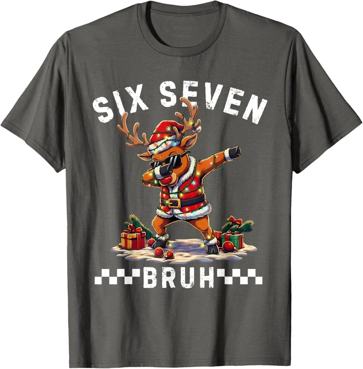 Funny Bruh Six Seven Christmas Meme Dabbing Reindeer Unisex T-Shirt Unisex T-shirt, Sweatshirt, Hoodie, Long Sleeve Tee - T-Shirt, Sweatshirt, Hoodie