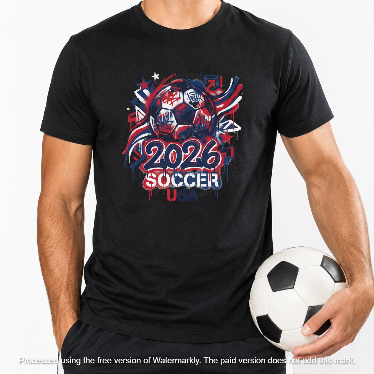 2026 Soccer Ball Graphic T-Shirt | Red White Blue Soccer Design Unisex T-shirt, Sweatshirt, Hoodie, Long Sleeve Tee - T-Shirt, Sweatshirt, Hoodie