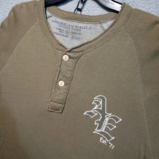 American Eagle Shirt Mens Y2K Henley Long Sleeve XL Brown Lined Grunge Preppy Unisex T-shirt, Sweatshirt, Hoodie, Long Sleeve Tee - T-Shirt, Sweatshirt, Hoodie